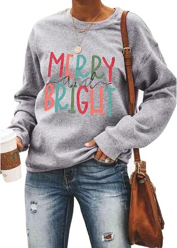 Christmas Sweatshirts for Women Merry and Bright Sweatshirt Long Sleeve Christmas Shirts Xmas Holiday Pullover Tops in Saudi Arabia