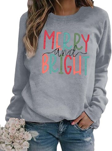 Christmas Sweatshirts for Women Merry and Bright Sweatshirt Long Sleeve Christmas Shirts Xmas Holiday Pullover Tops in Saudi Arabia
