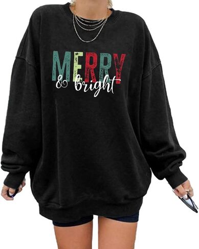 Christmas Sweatshirts for Women Merry and Bright Sweatshirt Long Sleeve Christmas Shirts Xmas Holiday Pullover Tops in Saudi Arabia
