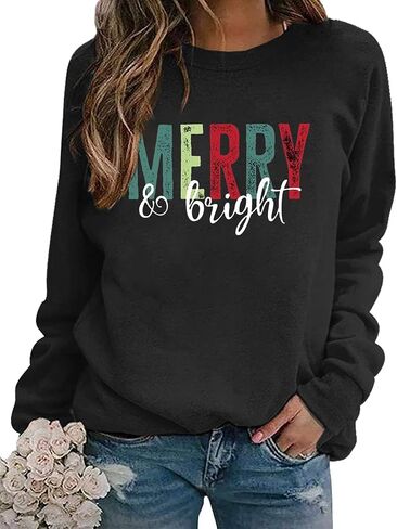 Christmas Sweatshirts for Women Merry and Bright Sweatshirt Long Sleeve Christmas Shirts Xmas Holiday Pullover Tops in Saudi Arabia