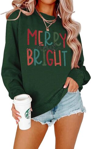 Christmas Sweatshirts for Women Merry and Bright Sweatshirt Long Sleeve Christmas Shirts Xmas Holiday Pullover Tops in Saudi Arabia