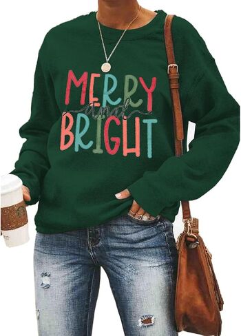 Christmas Sweatshirts for Women Merry and Bright Sweatshirt Long Sleeve Christmas Shirts Xmas Holiday Pullover Tops in Saudi Arabia