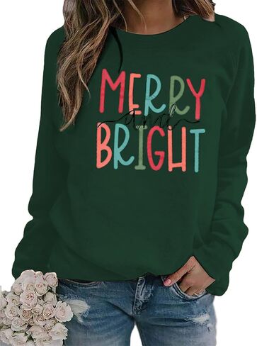 Christmas Sweatshirts for Women Merry and Bright Sweatshirt Long Sleeve Christmas Shirts Xmas Holiday Pullover Tops in Saudi Arabia