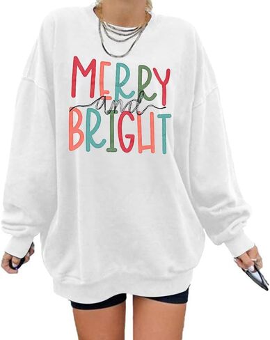 Christmas Sweatshirts for Women Merry and Bright Sweatshirt Long Sleeve Christmas Shirts Xmas Holiday Pullover Tops in Saudi Arabia