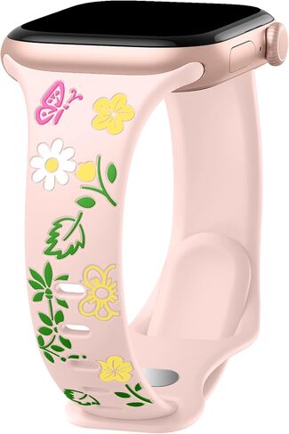 حزام نحيف منقوش بالزهور متوافق مع أساور ساعة Apple للنساء 40 مم 41 مم 38 مم 42 مم 44 مم 45 مم 46 مم 49 مم، حزام رياضي مرصع بالسيليكون الناعم لسلسلة iWatch 10 9 8 7 6 5 4 3 2 1 SE Ultra in Kuwait