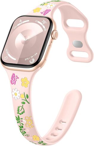 حزام نحيف منقوش بالزهور متوافق مع أساور ساعة Apple للنساء 40 مم 41 مم 38 مم 42 مم 44 مم 45 مم 46 مم 49 مم، حزام رياضي مرصع بالسيليكون الناعم لسلسلة iWatch 10 9 8 7 6 5 4 3 2 1 SE Ultra in Kuwait