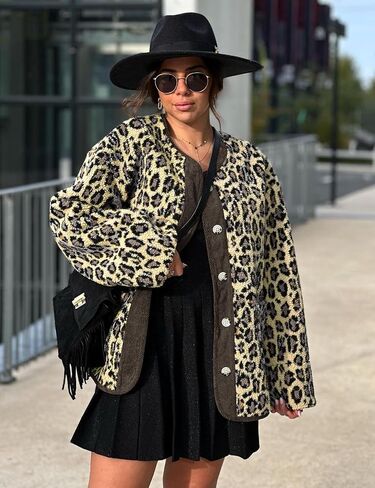 Flygo Women's Leopard Fuzzy Sherpa Fleece Jacket Casual Corduroy Patchwork Long Sleeve Button Down Coat Outerwear with Pocket in Kuwait