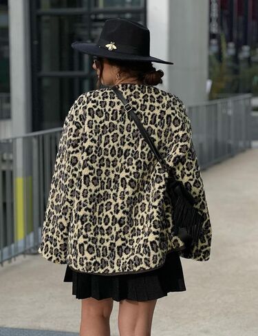 Flygo Women's Leopard Fuzzy Sherpa Fleece Jacket Casual Corduroy Patchwork Long Sleeve Button Down Coat Outerwear with Pocket in Kuwait