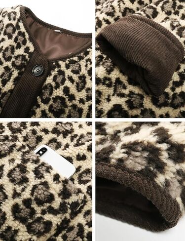 Flygo Women's Leopard Fuzzy Sherpa Fleece Jacket Casual Corduroy Patchwork Long Sleeve Button Down Coat Outerwear with Pocket in Kuwait