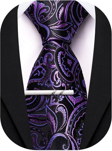 Barry.Wang Paisley/Floral Men Necktie with Tie Clip Silk Tie Formal Wedding Party Business in Kuwait