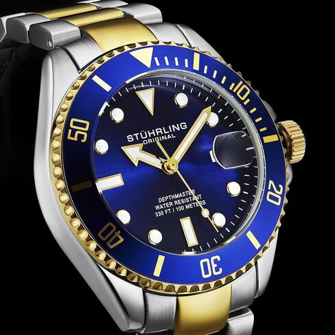 Stuhrling Original Men's Dive Watch, Swiss Movement, Stainless Steel, Blue Dial, Stainless Steel Bracelet, 100M Water Resistant in Saudi Arabia