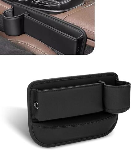 1 قطعة صندوق تخزين جانبي لوحدة التحكم المركزية، حشو فجوة مقعد السيارة مع حامل أكواب، منظمات داخلية عالمية للسيارات، لمعظم السيارات والشاحنات والشاحنات الصغيرة (أسود) in Kuwait