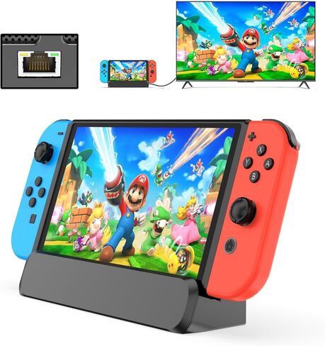 محطة إرساء RREAKA Switch للتلفزيون وشاحن وحدة التحكم Joycon المتوافقة مع Nintendo Switch، حامل شحن Switch يدعم 4K HDMI Video 1080P مع شاحن وحدة تحكم التبديل و10 فتحات ألعاب in Kuwait