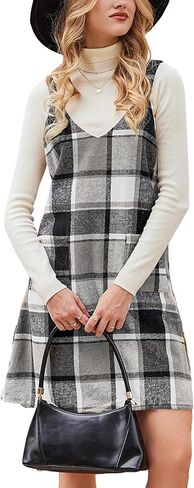 CUPSHE Fall Dresses for Women V Neck Plaid Sleeveless Wide Strpas Pockets Casual Pinafore Mini Overall Dress in Saudi Arabia