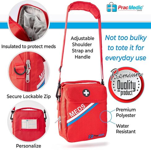 PracMedic Bags Medicine Bag- First Aid Bags Empty- Epipen Carry Case- Travel Medicine Bag for Insulin, Pill Bottle, Diabetic Supply, Asthma Spacer, Auvi Q, Allergy and First Aid Supplies (T-MEDS Red) in Kuwait