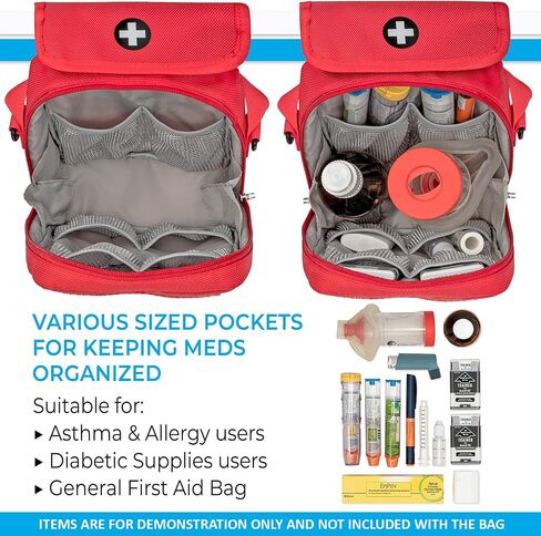PracMedic Bags Medicine Bag- First Aid Bags Empty- Epipen Carry Case- Travel Medicine Bag for Insulin, Pill Bottle, Diabetic Supply, Asthma Spacer, Auvi Q, Allergy and First Aid Supplies (T-MEDS Red) in Kuwait