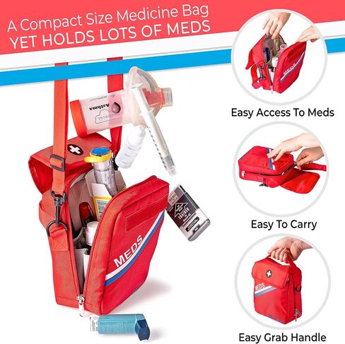PracMedic Bags Medicine Bag- First Aid Bags Empty- Epipen Carry Case- Travel Medicine Bag for Insulin, Pill Bottle, Diabetic Supply, Asthma Spacer, Auvi Q, Allergy and First Aid Supplies (T-MEDS Red) in Kuwait