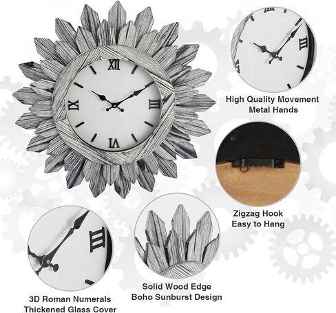 24'' Large Wall Clock for Living Room Deco Boho Decorative Big Oversized Silent Battery Operated Farmhouse Wood Wall Clock for Office Home Dinning Room Bedroom Kithen in Saudi Arabia