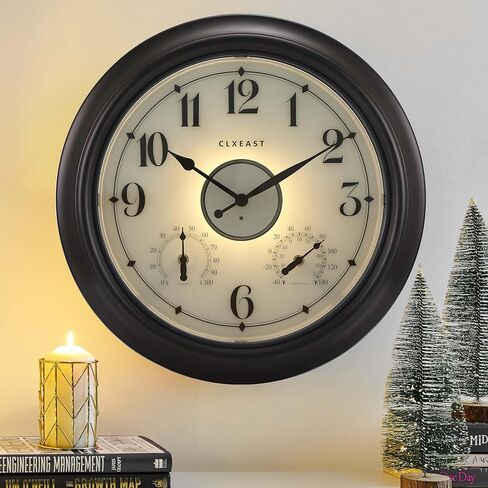 CLXEAST Illuminated Indoor Outdoor Clocks Waterproof 18 inch with Smart Sensor,Large Wall Clock with Thermometer & Hygrometer for Garden Patio Pool,Oil Rubbed Bronze Black in Saudi Arabia
