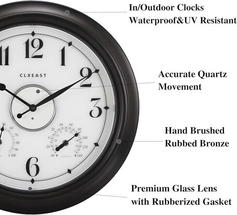 CLXEAST Illuminated Indoor Outdoor Clocks Waterproof 18 inch with Smart Sensor,Large Wall Clock with Thermometer & Hygrometer for Garden Patio Pool,Oil Rubbed Bronze Black in Saudi Arabia