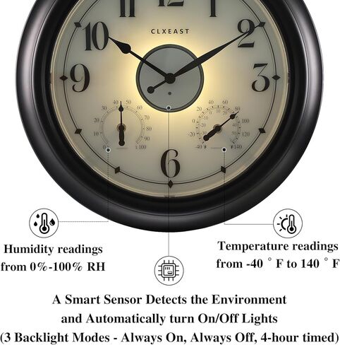 CLXEAST Illuminated Indoor Outdoor Clocks Waterproof 18 inch with Smart Sensor,Large Wall Clock with Thermometer & Hygrometer for Garden Patio Pool,Oil Rubbed Bronze Black in Saudi Arabia