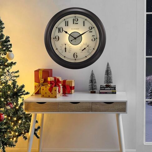 CLXEAST Illuminated Indoor Outdoor Clocks Waterproof 18 inch with Smart Sensor,Large Wall Clock with Thermometer & Hygrometer for Garden Patio Pool,Oil Rubbed Bronze Black in Saudi Arabia