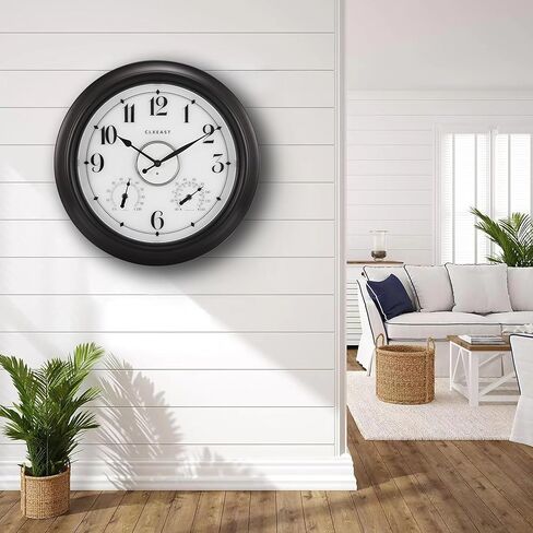 CLXEAST Illuminated Indoor Outdoor Clocks Waterproof 18 inch with Smart Sensor,Large Wall Clock with Thermometer & Hygrometer for Garden Patio Pool,Oil Rubbed Bronze Black in Saudi Arabia