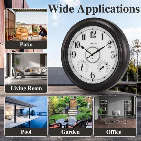 CLXEAST Illuminated Indoor Outdoor Clocks Waterproof 18 inch with Smart Sensor,Large Wall Clock with Thermometer & Hygrometer for Garden Patio Pool,Oil Rubbed Bronze Black in Saudi Arabia