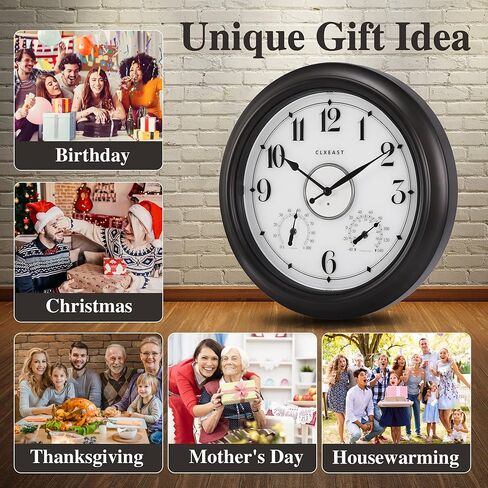 ساعات CLXEAST مضيئة للاستخدام الداخلي والخارجي مقاومة للماء 18 بوصة مع مستشعر ذكي، ساعة حائط كبيرة مع مقياس حرارة ومقياس رطوبة لحوض سباحة الفناء والحديقة، أسود برونزي مطلي بالزيت in Kuwait