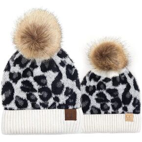 Funky Junque Matching 2 Pack Mommy & Me Winter Pom Beanie Hat Bundle - Adult/Toddler - Leopard Ivory