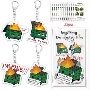 PUNICA 24 PCS Christmas Emotional Support Dumpster Fire Acrylic Keychains Bulk with Funny Card 4 Style for Employee Office Coworkers Staff Team Positive Employee Appreciation Xmas Gifts