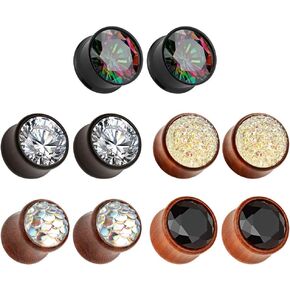 TBOSEN 5 Pairs Set Gauges Wood Tunnels Earrings Zircon Stone Body Jewelry Stretching Tapers Expanders Wooden Ear Plugs