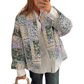 Omoone Women's Cropped Floral Quilted Jacket Cardigan Printed Lightweight Open Front Padded Puffer Coat Outwear(Green-S)