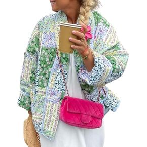 Eisctnd Women's Cropped Puffer Quilted Jacket Cardigan Floral Printed Lightweight Long Sleeve Short Padded Coats