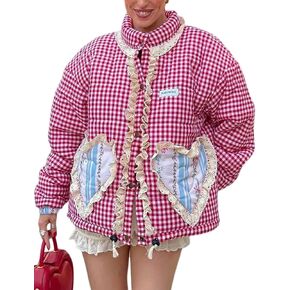 Wyeysyt Women's Cropped Puffer Jacket Winter Gingham Snap Plaid Short Padded Coats with Pockets