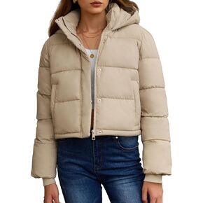 PHISOCKAT Womens Puffer Jacket Cropped Quilted Jacket Long Sleeve Full Zip Coats with Pockets Winter Outerwear with Hood
