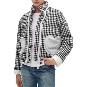 Womens Cropped Puffer Jacket Winter Gingham Plaid Button Down Long Sleeve Padded Coat with Heart Pockets