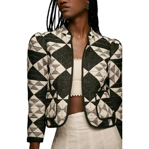 Women's Cropped Plaid Quilted Jacket Lightweight Long Sleeve Button Down Puffer Padded Coats with Pockets