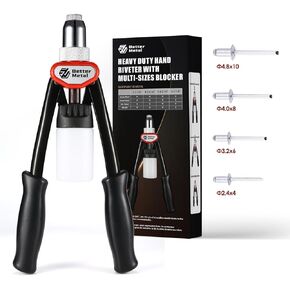 Rivet Gun Kit, 1/4" Pop Rivet Gun with 200Pcs Rivets, Heavy Duty 13" Metal Rivet Gun Tool with 4 Interchangeable Nosepieces, Rivets 1/4", 3/16", 5/32", 1/8", Manual Rivet Gun Kit for Metal Automotive
