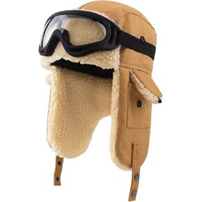 Peicees Vintage Aviator Hat And Goggles For Adult Pilot Costume Ski Goggles Winter Fur Trapper Hat With Ear Flap Fleece Lined