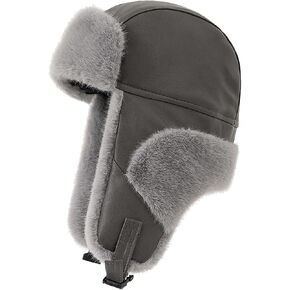 Trapper Hat for Men Women Leather Winter Fur Hat Warm Ear Flaps Russian Ushanka Waterproof Trooper Cap Fluffy