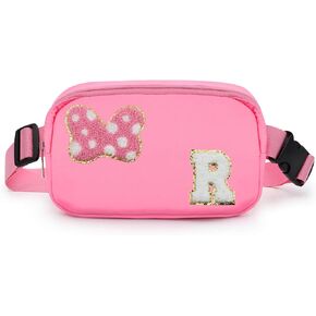 Chenille Initial Bow Mouse Fanny Pack, Park Crossbody Bag Christmas Birthday Gifts for Teen Girls Daughter Bestie Women Kids Adults, Black Cute Belt Bag Must Haves for Park Travel Running Letter A