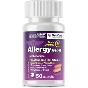 GenCare - Allergy Relief Pills | Fexofenadine HCl 180mg 100 Tablets | Non Drowsy Antihistamine Allergy Pills for Hay Fever, Seasonal Allergies, Outdoor & Indoor Allergies | Relieves Itchy Eyes & Nose