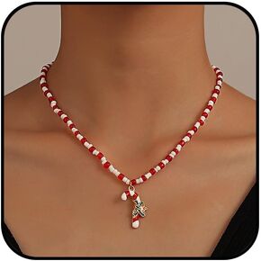 Sixexey Christmas Candy Cane Necklace Beaded Necklaces Chains Xmas Pendant Necklace Accessories for Women