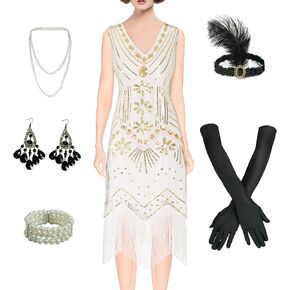 Women's 1920s Flapper Dress Vintage Lace Fringed Gatsby Cocktail Dress with 20s Accessories Set