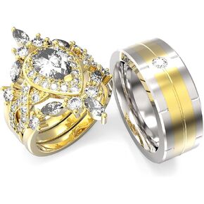 Couple Ring Bridal Set His And Hers Women 10k Yellow Gold Filled Round Cz Ring Set Men Titanium Band Wedding Ring Band Set