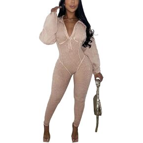 DINGANG ملابس الخريف للنساء قطعة واحدة مثيرة حللا فانوس كم طويل Bodycon رومبير مضلع