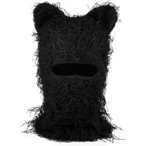 Newcotte Black Distressed Balaclava Ski Mask with Cat Ear Knitted Beanie Y2k Full Face Mask Furry Cap Windproof Winter Hat Neck Warmer for Men Women