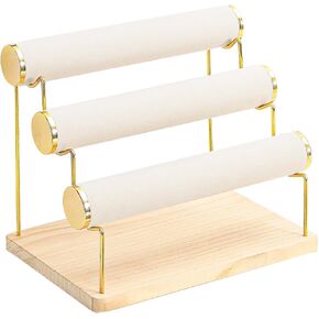 Bracelet Holder, Bracelet Displays for Vendors, 3 Tier Jewelry Organizer Stand for Selling, Jewelry Necklaces Storage Rack with Wood Base (Beige+Gold)