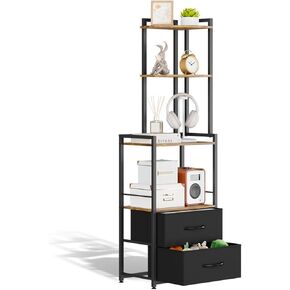 Pouhenier.jh 6 Tier Tall Corner Shelf with Black Fabric Drawer, Narrow Corner Rack Furniture for Bedroom and Living Room, Space-saving Clothes and Book Storage Tower, Stable Metal Stand (Rustic Brown)